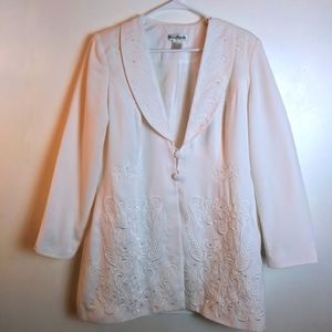 Elsa Loraine White Embroidered Rinestone faux Pearls Front Blazer Size 16